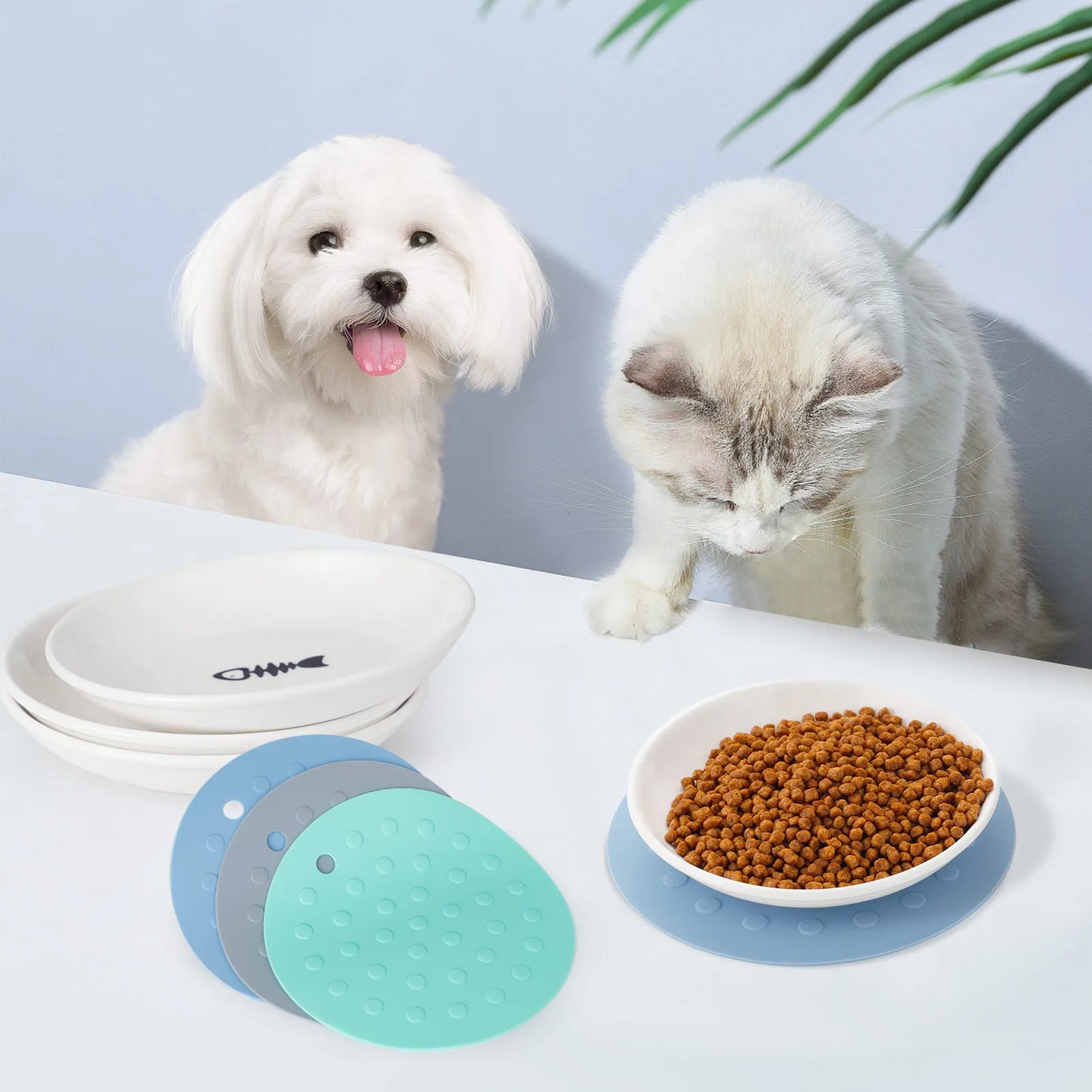 Ceramic 6-Pieces Set Pet Food Bowls and Mats