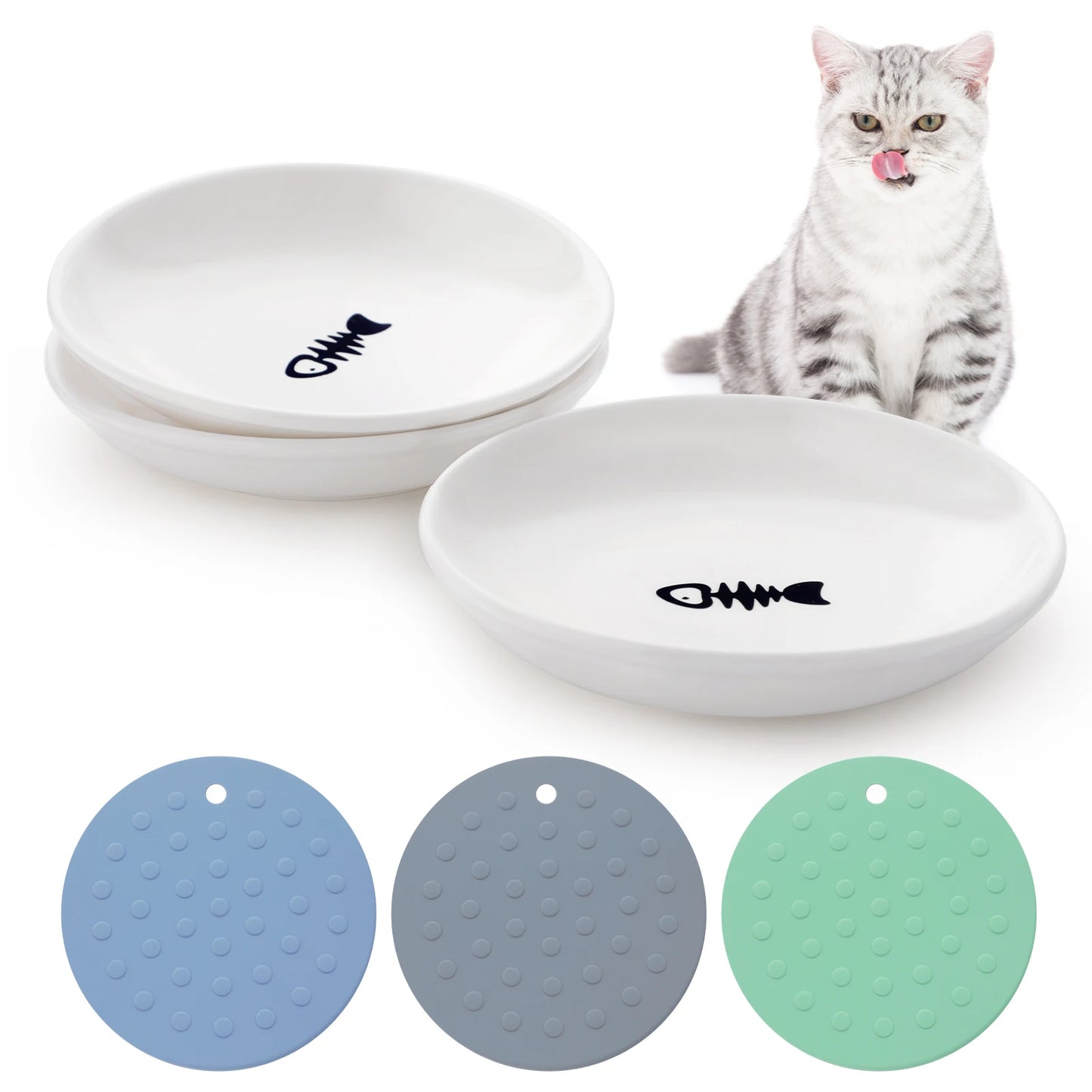 Ceramic 6-Pieces Set Pet Food Bowls and Mats